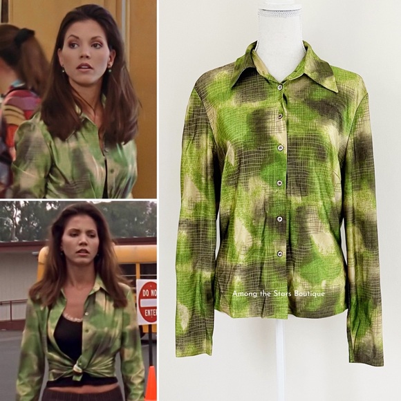 Tops - Very Rare 90s Vintage Green Abstract Print Button-Up Blouse ASO Cordelia in BTVS